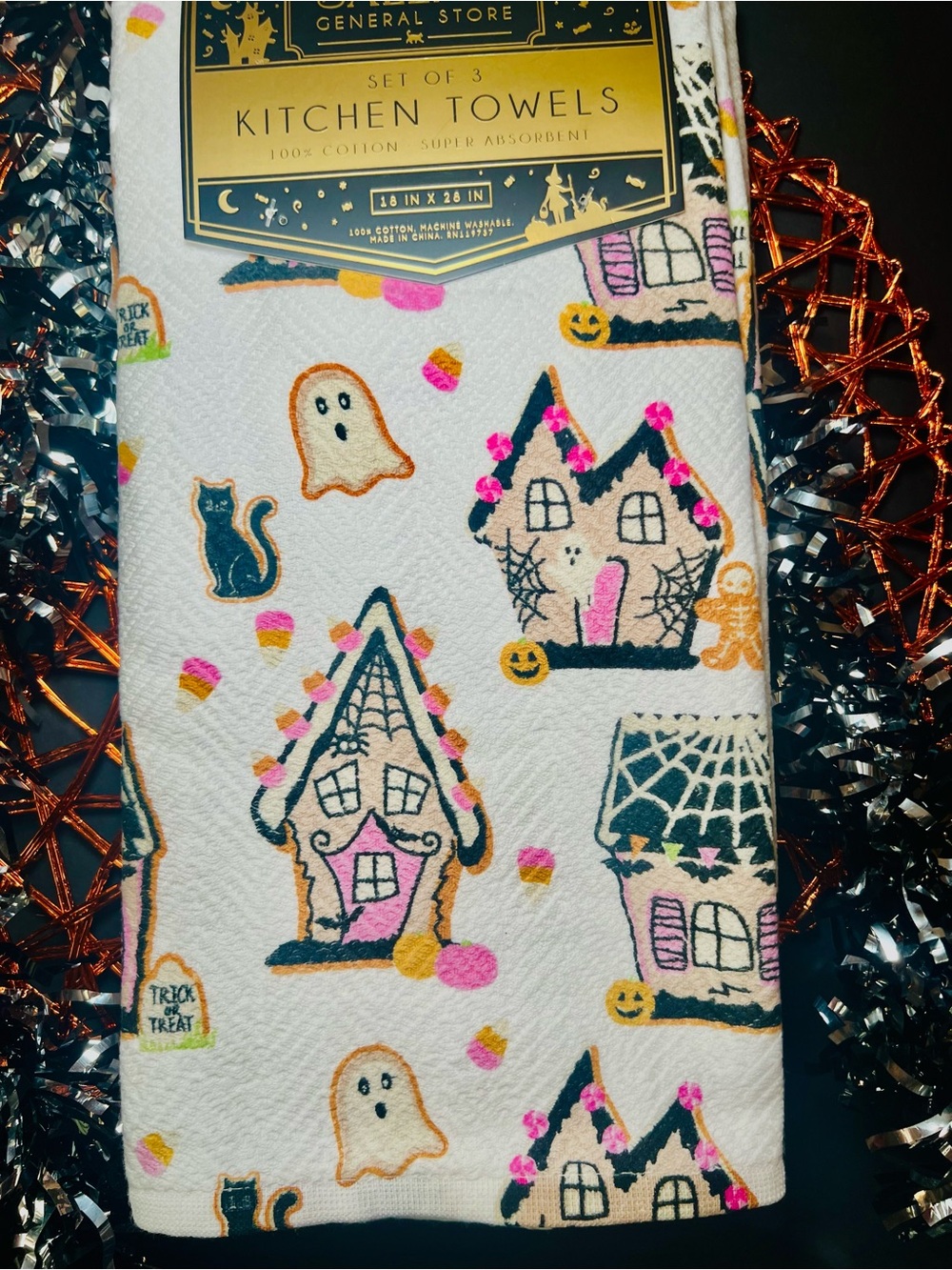 3 Halloween Gingerbread Cottage House Kitchen Towels Ghost Bat Cookies Candy - Picture 2 of 10